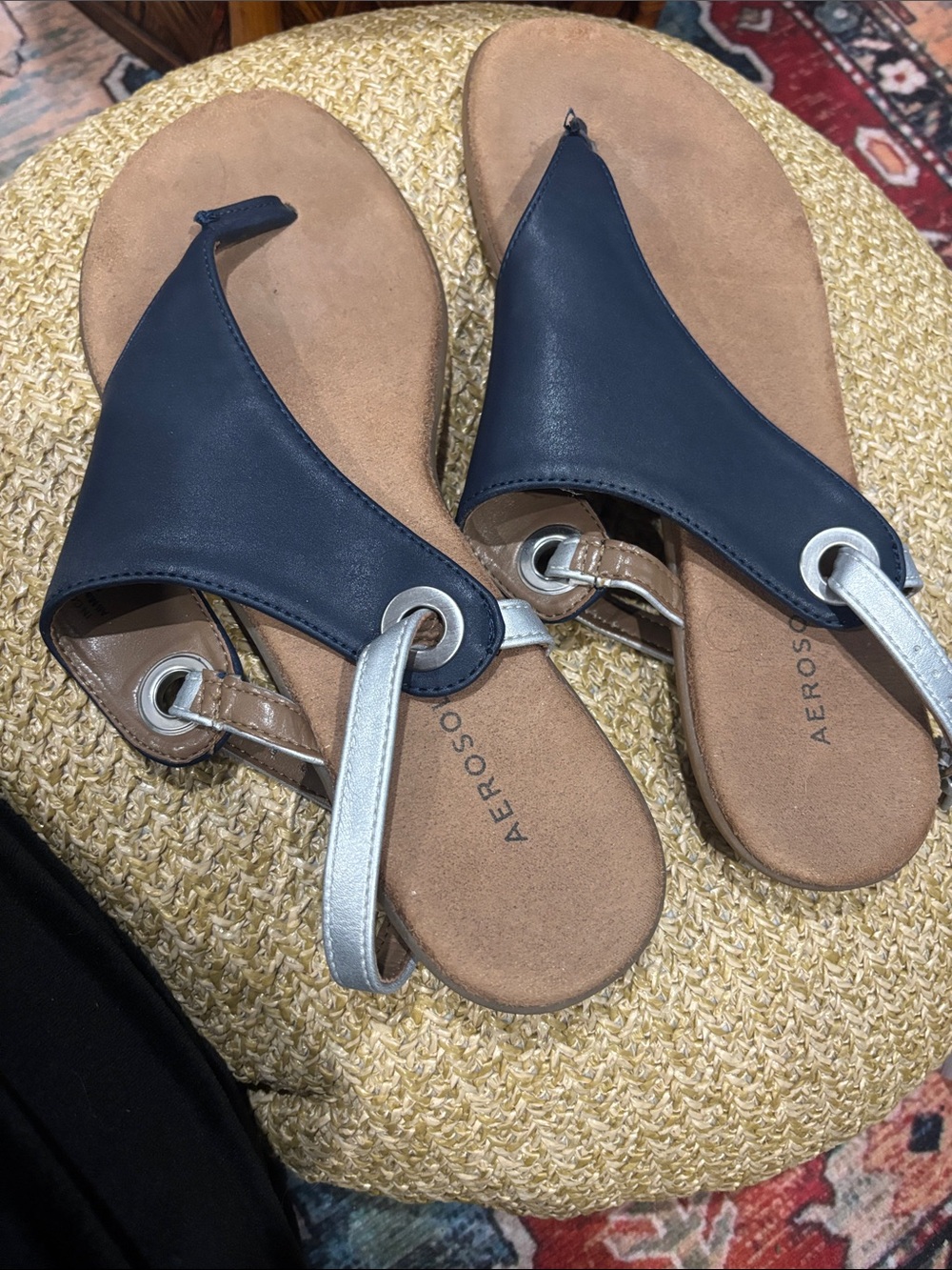 AEROSOLES Navy Leather Thong Sandals with Silver Accent